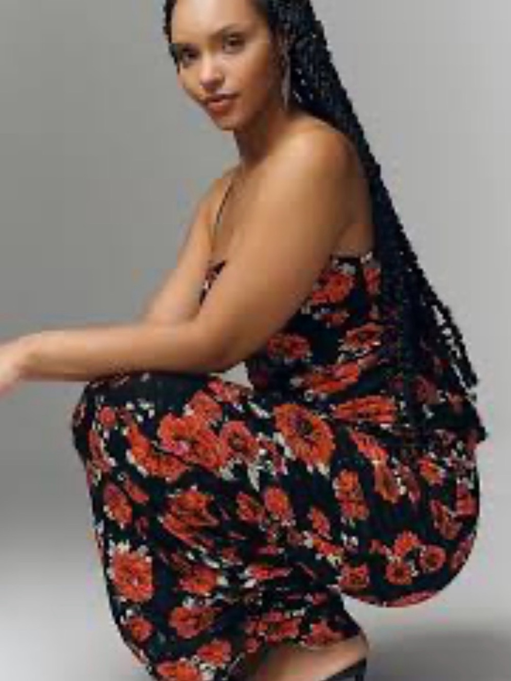AFRM for Anthropologie Black Floral Maxi Dress with Red Orange Blooms